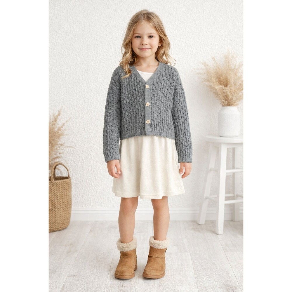 RYLEE + CRU Kids Girls Knit Cardigan Gray Button 100% Cotton Cozy Size 6-7Y